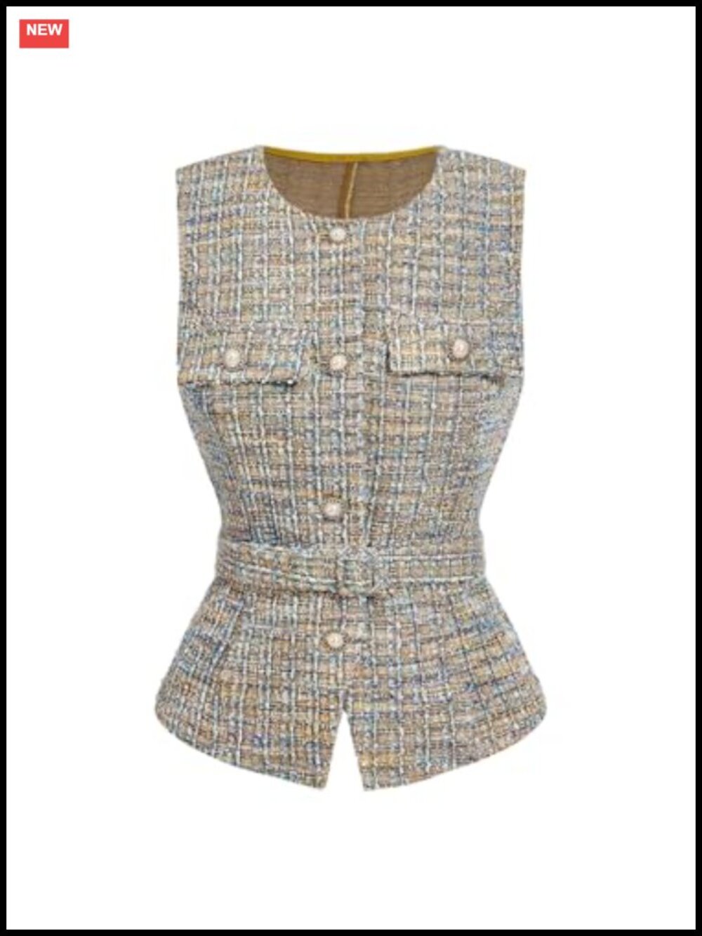 Tweed Plaid Sleeveless Belted Vest Blazer With Pearl Beaded Button Down